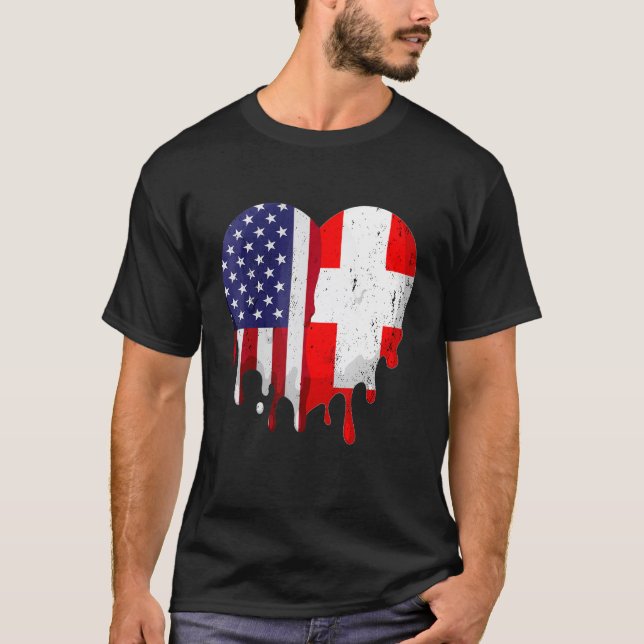 Camiseta Patrimônio Suiço Americano Bandeira de Suiça Mês H (Frente)