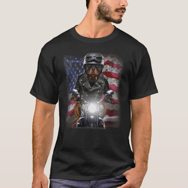 Camiseta Patriot Rottweiler Dog em Motocicleta com Bandeira (Frente)
