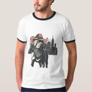 Camiseta Patriota Americano Pitbull Cowboy - Silhueta de NY