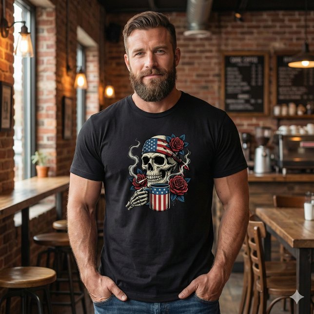 Camiseta Patriotic American Skull Coffee & Roses T-Shirt (Criador carregado)