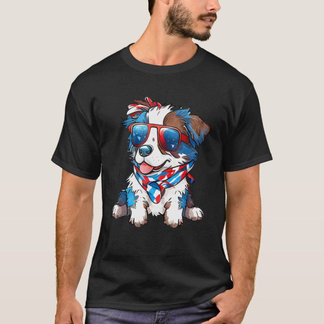 Camiseta Patriotic Australian Shepherd Dog USA Flag 4th of  (Frente)