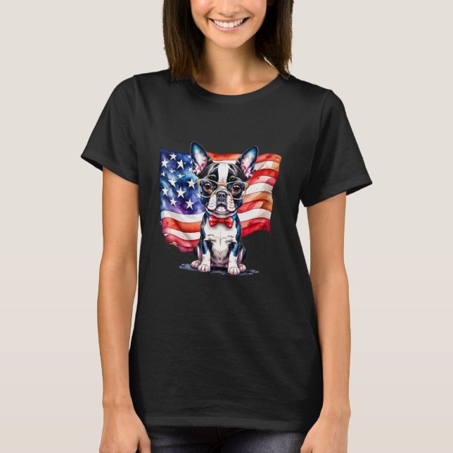 Camiseta Patriotic Boston Terrier Puppy American Flag USA 1 (Frente)