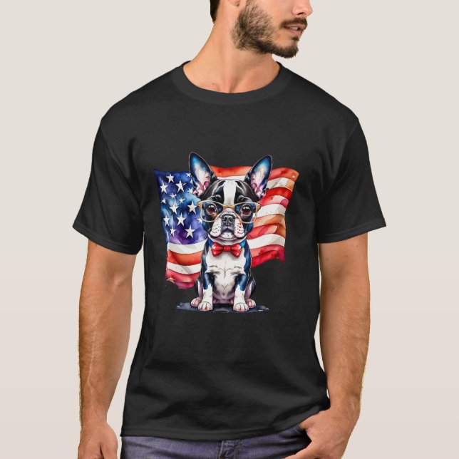 Camiseta Patriotic Boston Terrier Puppy American Flag USA 1 (Frente)