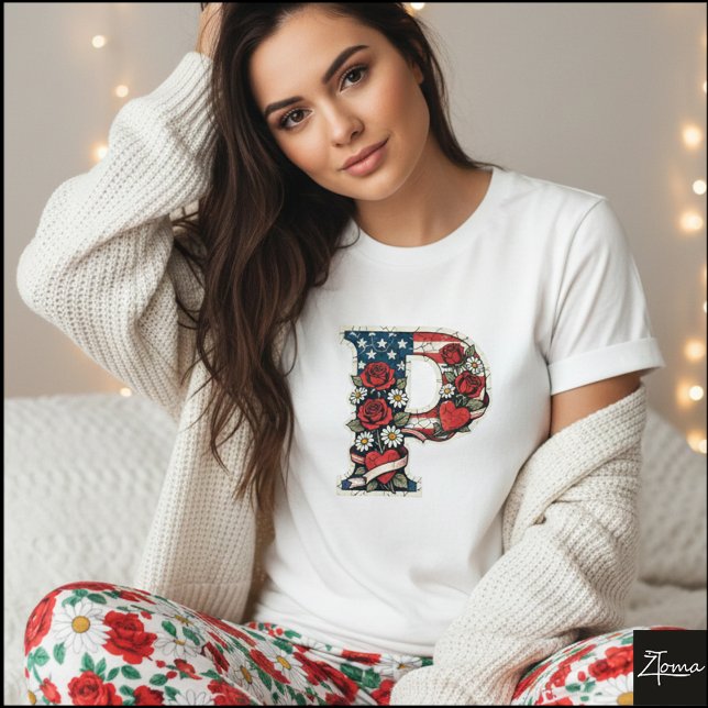 Camiseta Patriotic Floral Letter P Wreath Design (Sample design. Several style are available to choose from, with the option to add a name & color.
)