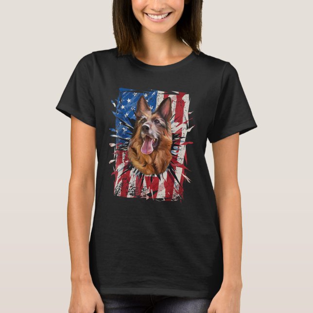 Camiseta Patriotic German Shepherd Torn American Flag 4th O (Frente)