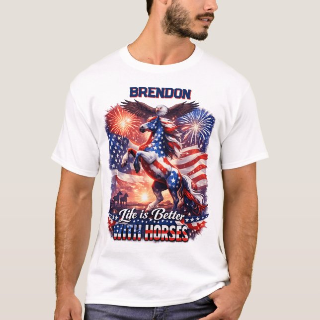 Camiseta Patriotic Horse American Flag Sunset Equestrian  (Frente)