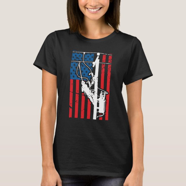 Camiseta Patriotic Lineman Tools Amercia USA Flag Electrici (Frente)