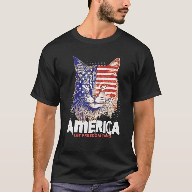 Camiseta Patriotic Maine Coon Face Independence Day Feline  (Frente)