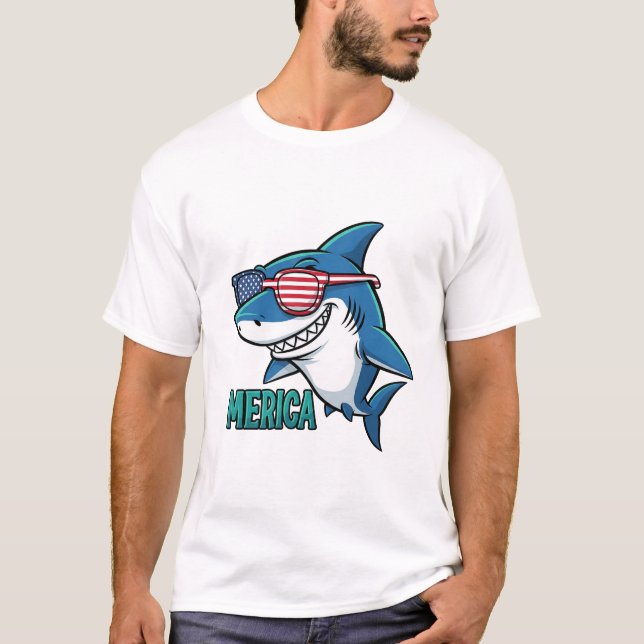 Camiseta Patriotic Shark 'Merica Funny USA Flag Sunglasses (Frente)