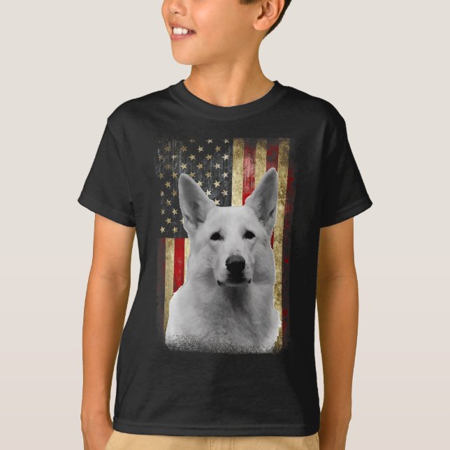 Camiseta Patriotic White German Shepherd Flag American Usa  (Frente)