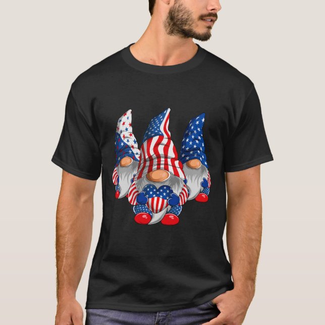 Camiseta Patriótica Americana Gnomos USA Bandeira 4 De Julh (Frente)
