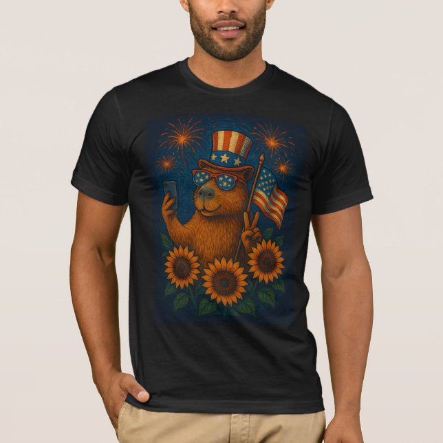Camiseta Patriótica Capybara 4 de julho Fireworks Funny EUA (Frente)