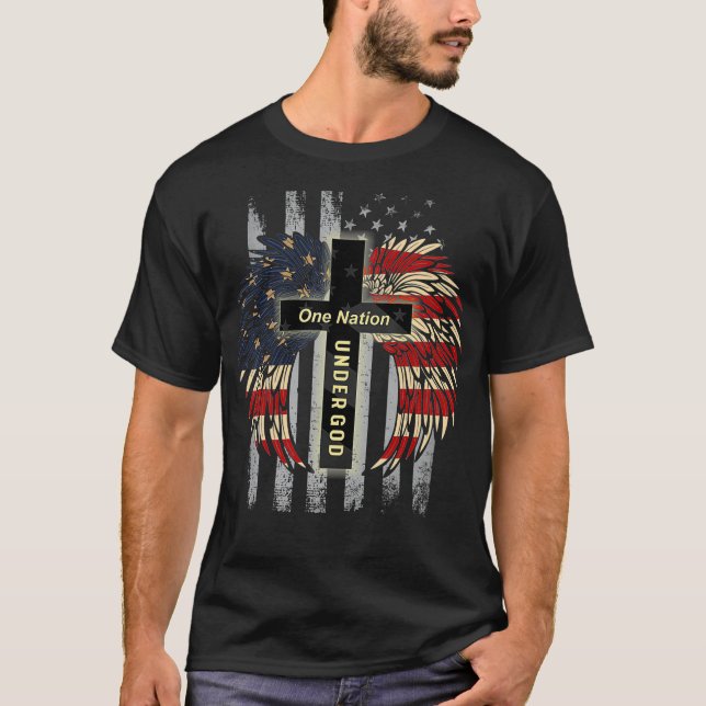 Camiseta Patriótica Christian One Nation Sob Deus EUA (Frente)