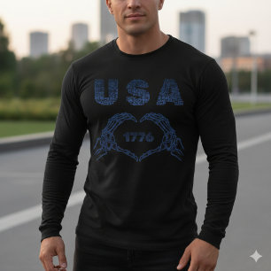 Camiseta Patriótica EUA 1776 Coração de Esqueleto