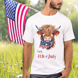 Camiseta Patriótica Highland Cow USA Flag Feliz 4 De Julho