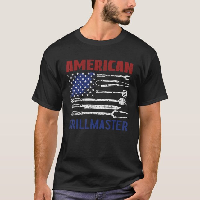 Camiseta Patriótico Americano Flag Grill Barbeque Mestre (Frente)