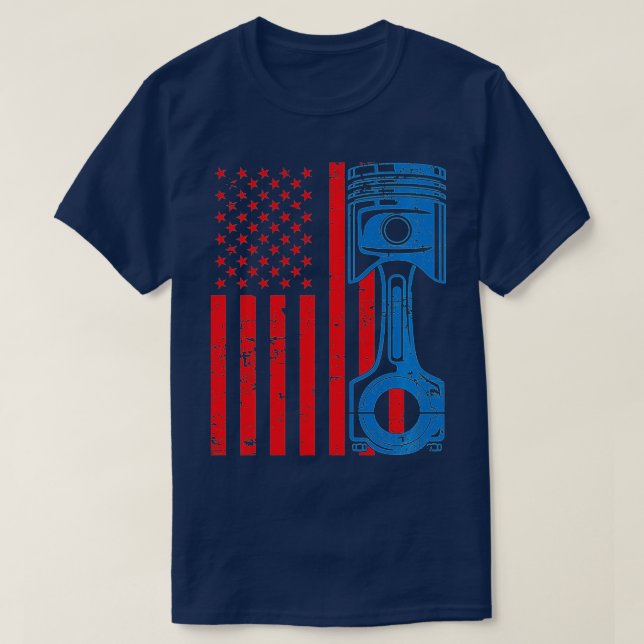 Camiseta Patriótico Americano Flag Piston Muscle Car Vintag (Frente do Design)