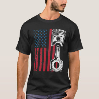 Camiseta Patriótico Americano Flag Piston Muscle Car Vintag