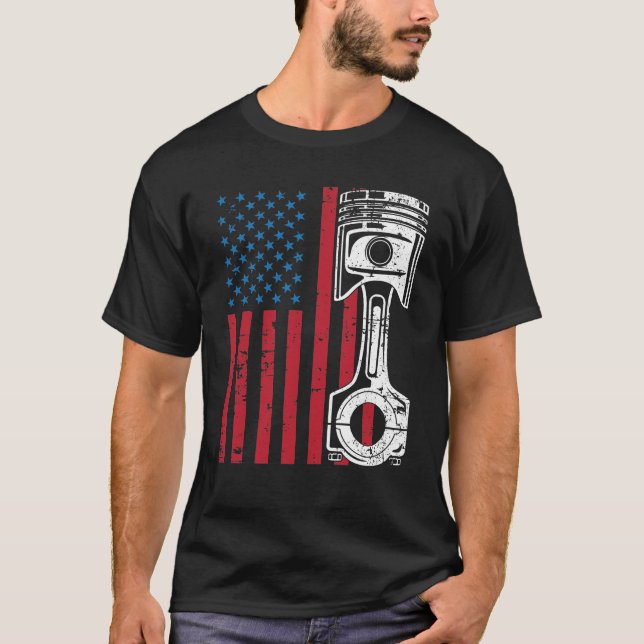 Camiseta Patriótico Americano Flag Piston Muscle Car Vintag (Frente)