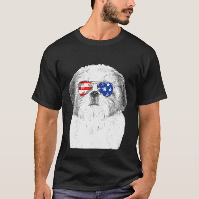 Camiseta Patriótico americano shitzu Vestindo óculos Sungla (Frente)