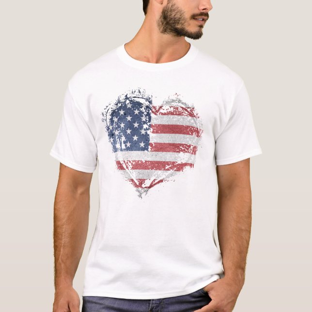 Camiseta Patriótico Coração Americano em Grunge (Frente)