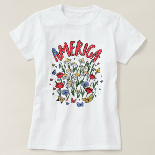 Camiseta Patriótico da América Floral 4 de julho