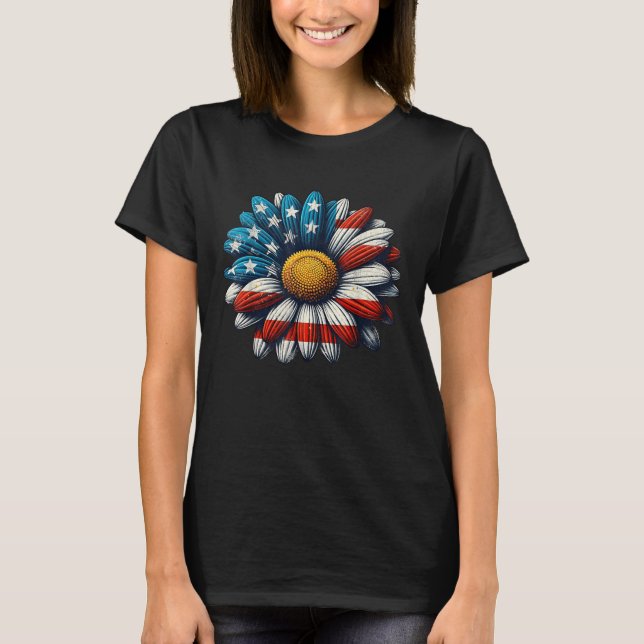 Camiseta Patriótico Floral Americana Flag Daisy 4 de julho (Frente)