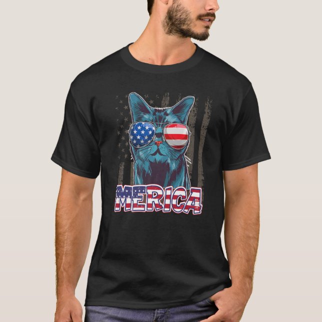 Camiseta Patriótico Gato Americano 4 De Julho Homens De Ban (Frente)