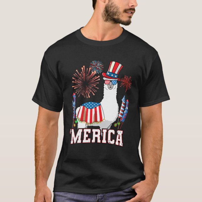 Camiseta Patriótico Llama Merica Funny 4 de julho fogos de  (Frente)