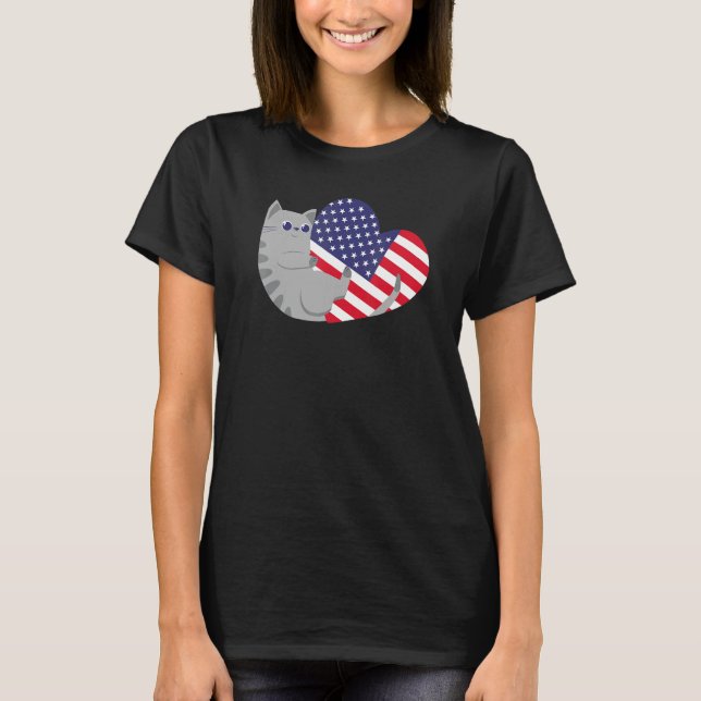 Camiseta Patriotismo do Cat Heart Us 4 De Julho Bandeira Am (Frente)