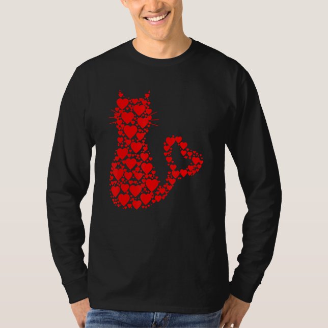 Camiseta Pattern Red Hearts Cat Lovers Valentine's Day (Frente)