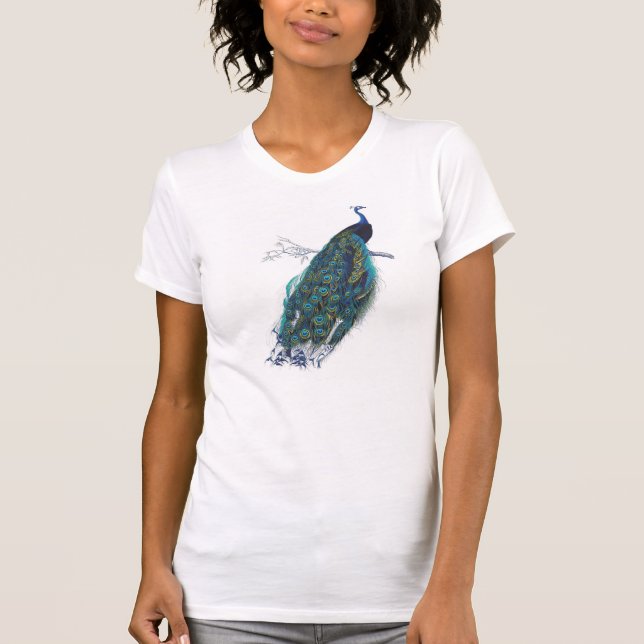 Camiseta Pavão azul com penas de cauda lindas (Frente)