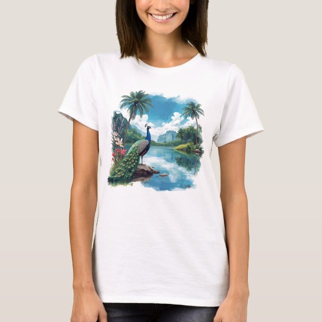 Camiseta Pavão bonito num Paraíso Tropical (Frente)