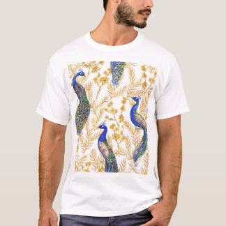Camiseta Pavões chineses, sakura ouro, aquarela.