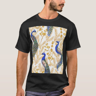 Camiseta Pavões chineses, sakura ouro, aquarela.