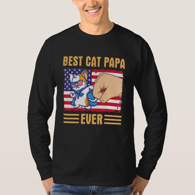 Camiseta Paw Touching Hand US Flag America Best Cat Papa Ev (Frente)