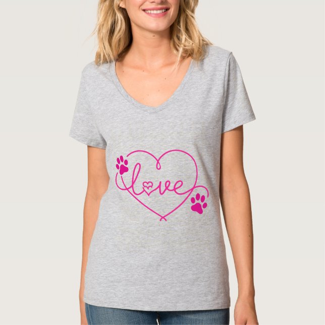 Camiseta Pawfect Love - Pink Heart & Paw Print Pet Lover (Frente)