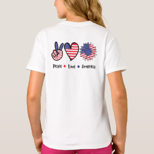 Camiseta Paz Amor América Gráfico Patriótico da Bandeira do
