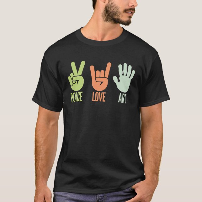 Camiseta "Paz, Amor, Arte - Design de Símbolo Mão" (Frente)