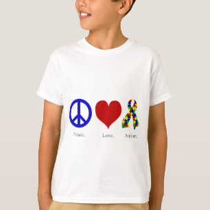 Camiseta Paz. Amor. Autismo. Crianças Básicas (de cor clara