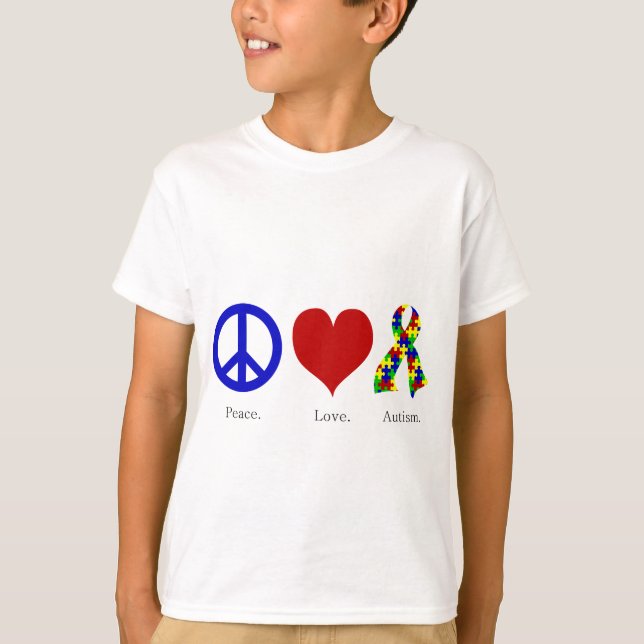 Camiseta Paz. Amor. Autismo. Crianças Básicas (de cor clara (Frente)