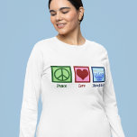 Camiseta Paz Amor Chanucá - Cabeça Longa das Mulheres<br><div class="desc">A camiseta de manga do Peace Love Hanukkah para uma mulher judia que gosta de celebrar Chanukah. Um bonito sinal de paz,  coração,  e uma bela menorah.</div>