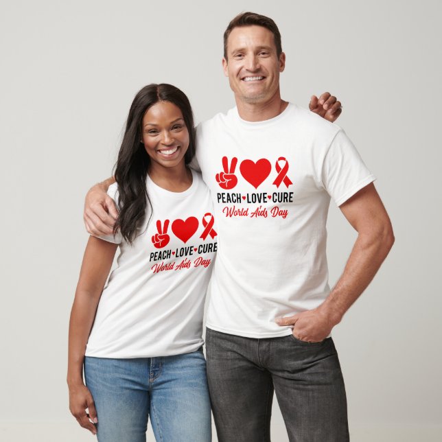 Camiseta Paz Amor Cura Consciência da AIDS (Unissex)