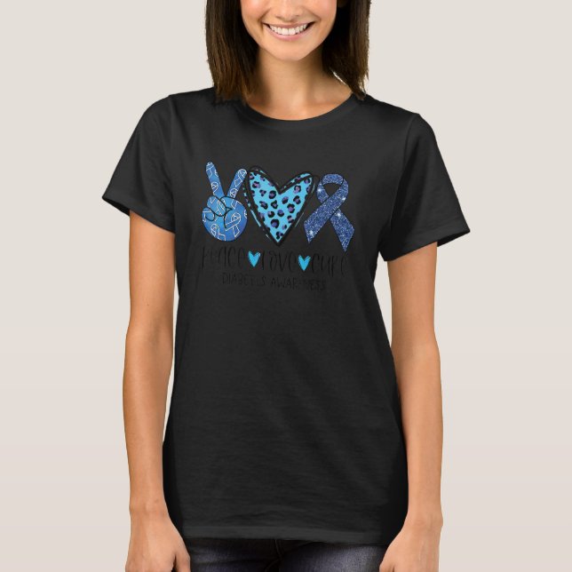 Camiseta Paz Amor Cura Diabetes Sensibilização Leopard Blue (Frente)