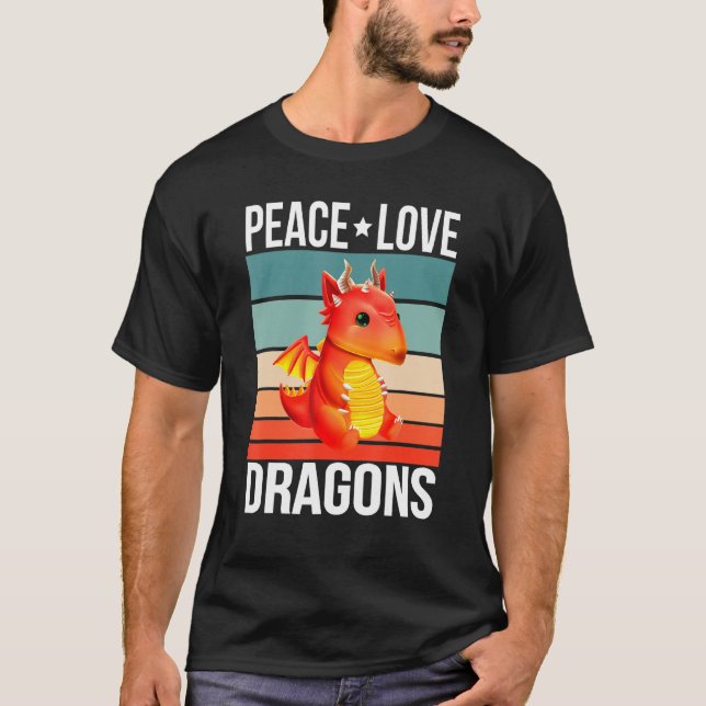 Camiseta Paz Amor Dragões Citação do Dragão de Arte Retroat (Frente)
