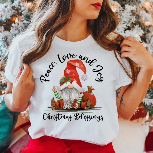 Camiseta Paz, Amor e Alegria, Bênçãos Gnomos de Natal (Peace, Love & Joy, Cute Christmas Gnome Blessings T-Shirt)