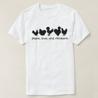 Camiseta paz, amor, e galinhas brancas