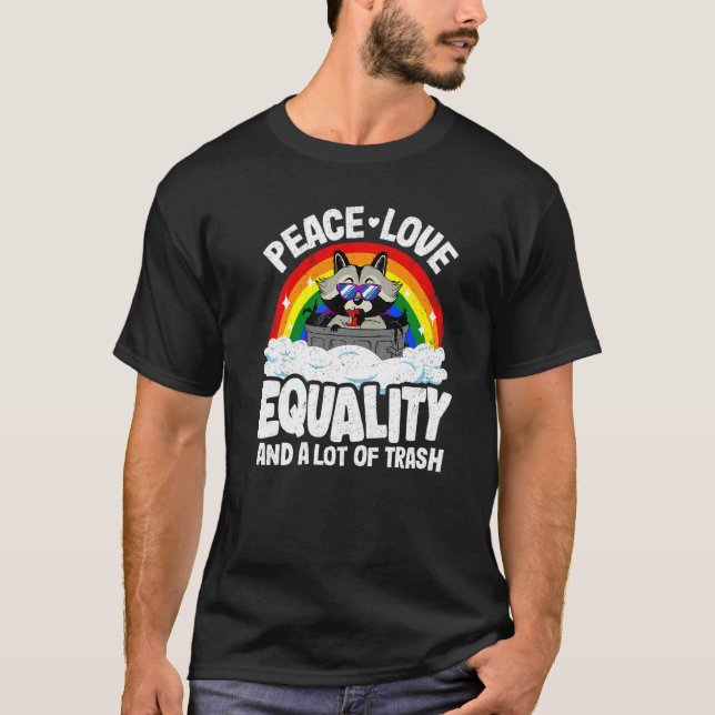 Camiseta Paz, Amor e Igualdade Raccoon Orgulho gay Rainbow  (Frente)