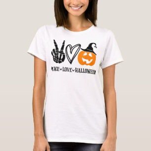 Camiseta Paz Amor Halloween Shirt Engraçado Skeleton Pum