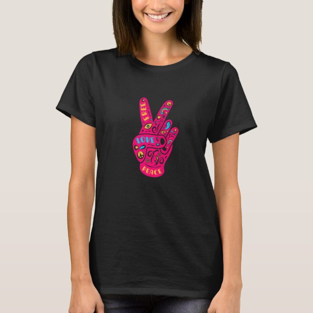 Camiseta Paz Amor Harmonia Vitória Símbolo de Mão Cartaz de (Frente)